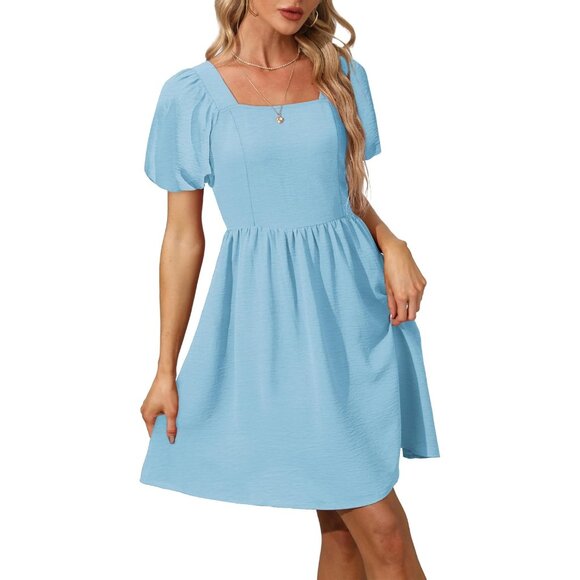 Ofeefan Women Baby Blue Puff Sleeve Square Neck Tie in Back Dresses with Zipper - Picture 3 of 5